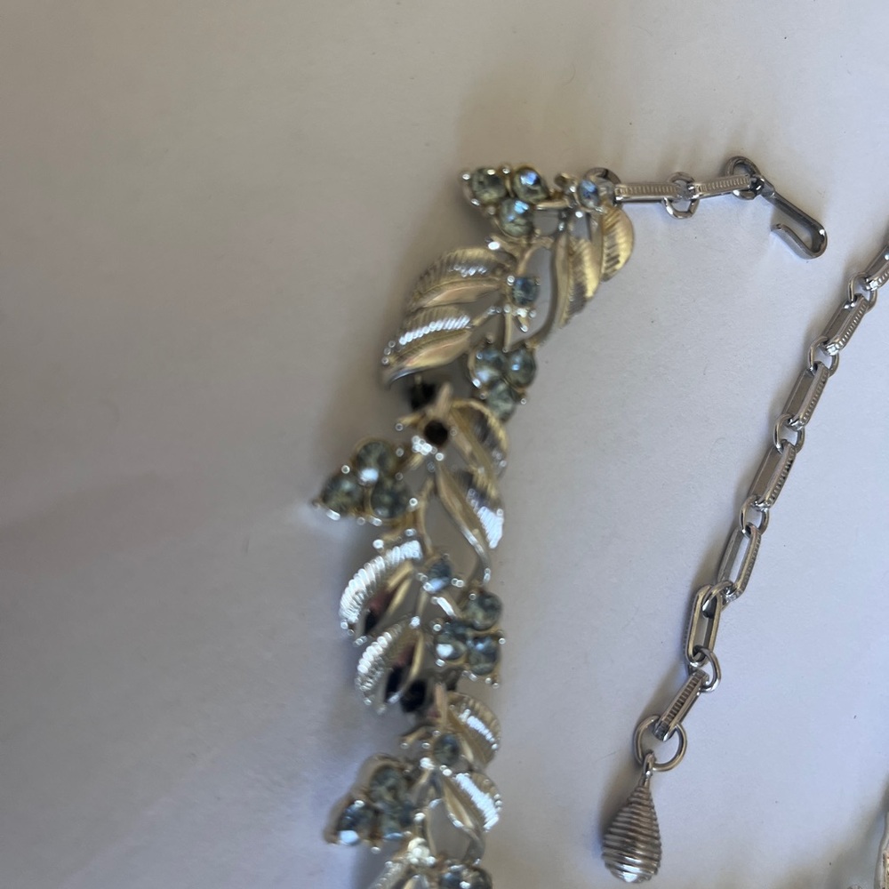 Vintage Coro Silver Tone Leaf Choker Necklace with Pale Blue Rhinestones - Picture 7 of 10